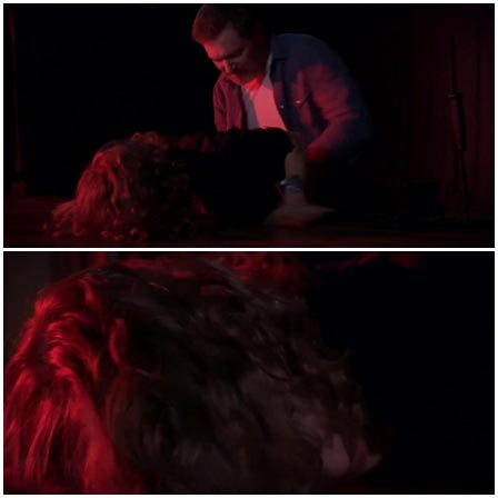 Rape on a table in a dark red room