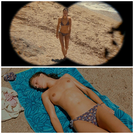 Brother through binoculars peeping on naked sister on the beach