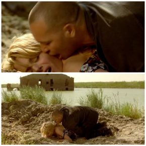 Lying rape from behind on the river bank