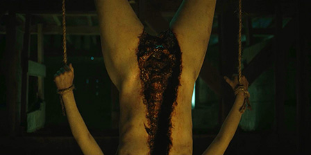 Death fetish scene #1261 (naked dead woman, disembowel, hanged upside down)